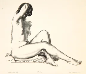 Estudo nu, garota sentada em uma almofada florida, 1923-24
